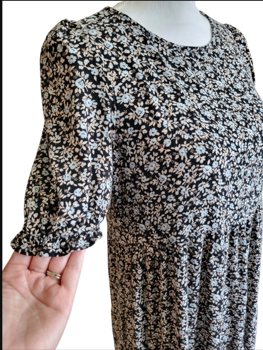 Aerie Garden Party Tiered Midi Dress - Black Floral Short Sleeve - Picture 4 of 11